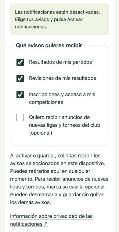 Opciones de avisos deportivos y casilla opcional de nuevas ligas y torneos