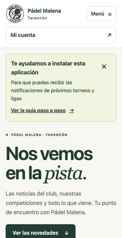 Portada de Pádel Malena con el botón Mi cuenta debajo del menú